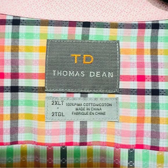 Thomas Dean Men’s Pink Plaid Contrast Cuffs Button Up Shirt Sz. 2XLT Pima Cotton - Picture 6 of 13
